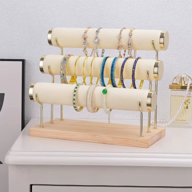 Bracelet Holder Display Bracelet Organizer Stand, Gold Detachable Bangle Storage Rack, Velvet Wrap Watch Holder with Wooden Base