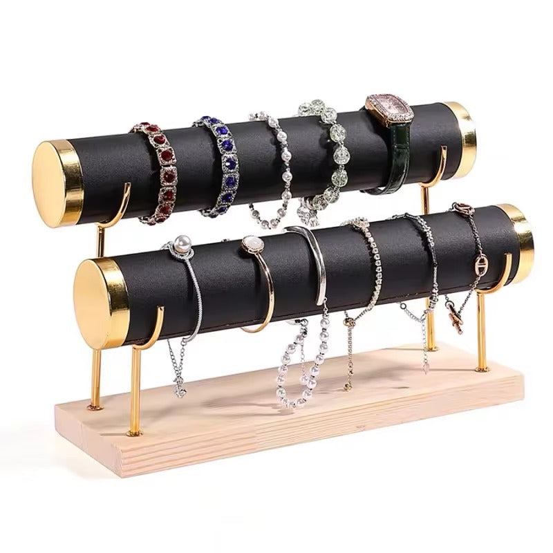 Bracelet Holder Display Bracelet Organizer Stand, Gold Detachable Bangle Storage Rack, Velvet Wrap Watch Holder with Wooden Base