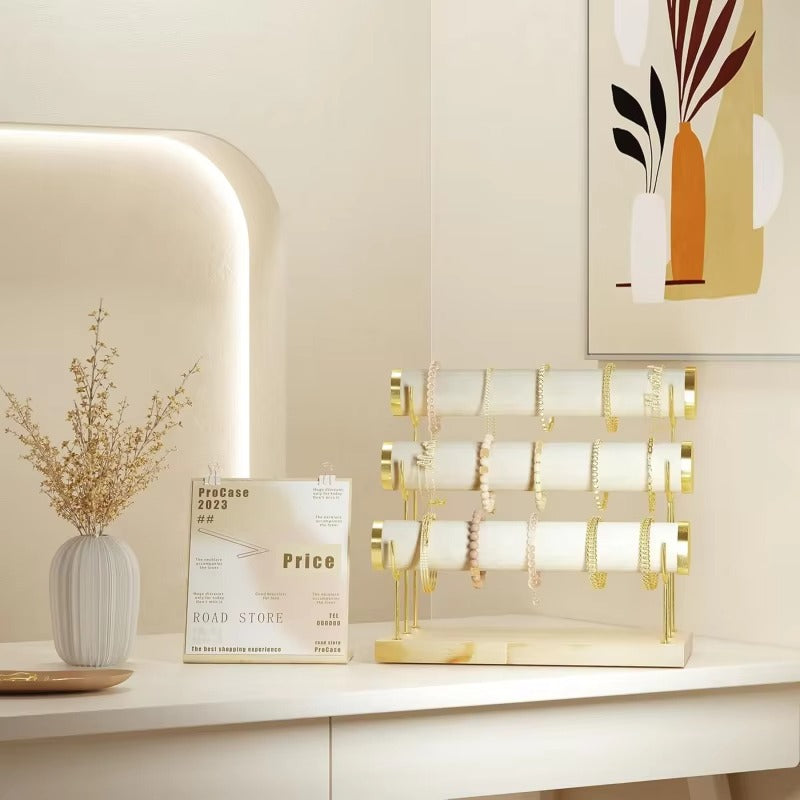 Bracelet Holder Display Bracelet Organizer Stand, Gold Detachable Bangle Storage Rack, Velvet Wrap Watch Holder with Wooden Base