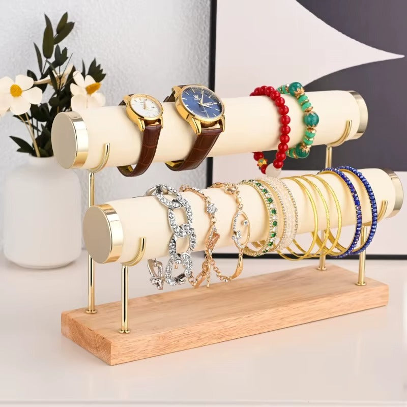 Bracelet Holder Display Bracelet Organizer Stand, Gold Detachable Bangle Storage Rack, Velvet Wrap Watch Holder with Wooden Base