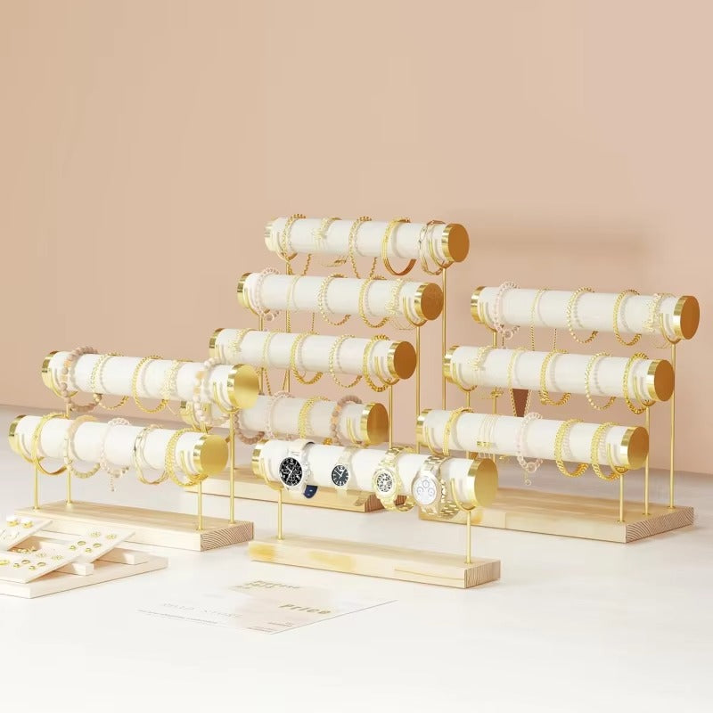 Bracelet Holder Display Bracelet Organizer Stand, Gold Detachable Bangle Storage Rack, Velvet Wrap Watch Holder with Wooden Base