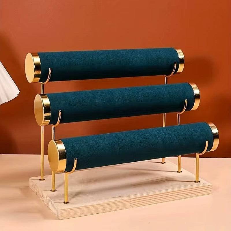 Bracelet Holder Display Bracelet Organizer Stand, Gold Detachable Bangle Storage Rack, Velvet Wrap Watch Holder with Wooden Base