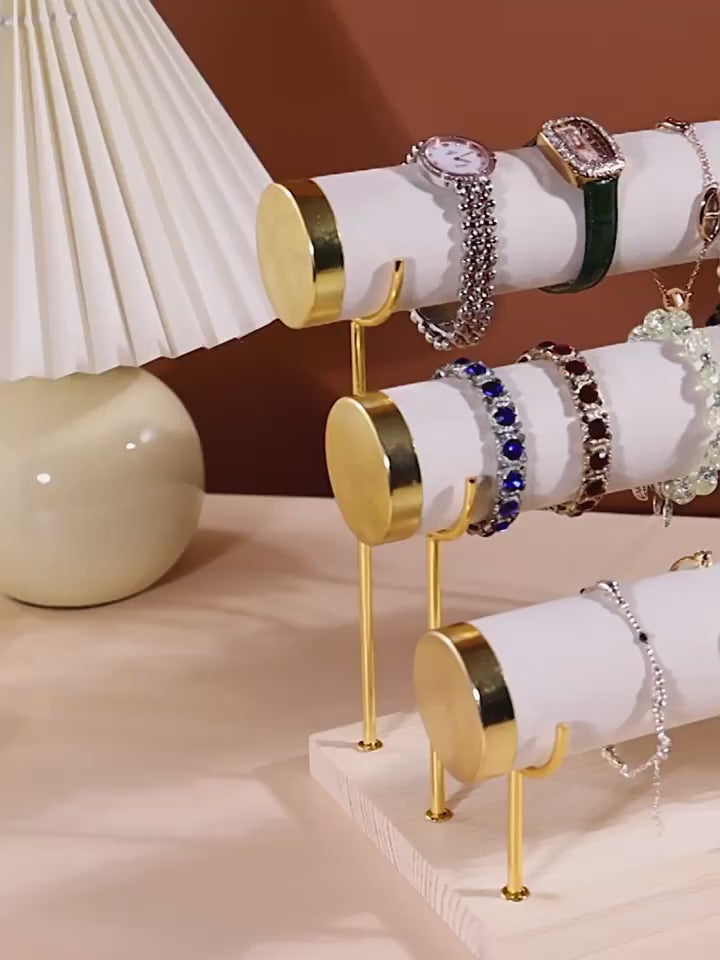 Bracelet Holder Display Bracelet Organizer Stand, Gold Detachable Bangle Storage Rack, Velvet Wrap Watch Holder with Wooden Base